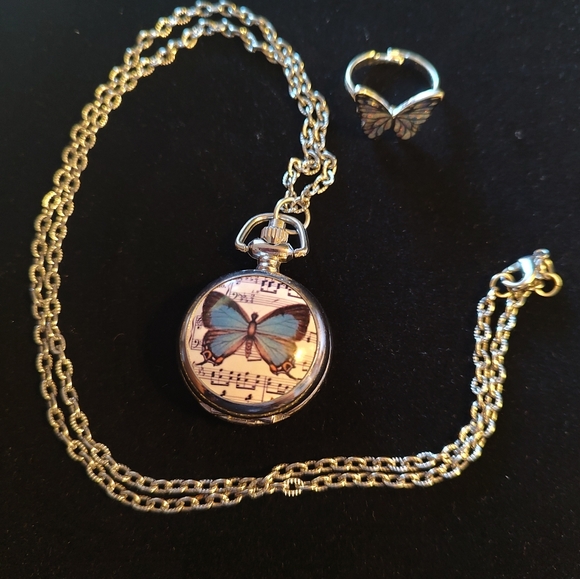 unmarked Jewelry - Butterfly Pendant Locket Watch Necklace